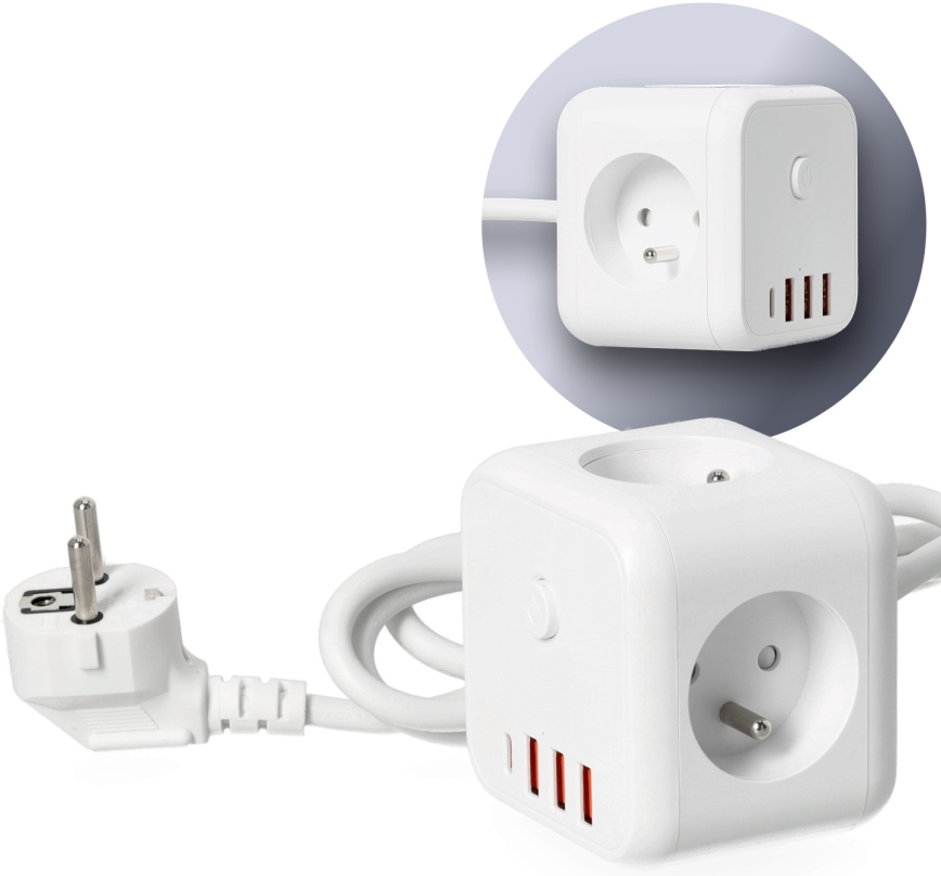 Förlängningskabel kub med strömbrytare LINEA 3x230V + 4xUSB A/C vit