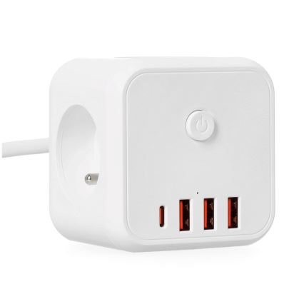 Förlängningskabel kub med strömbrytare LINEA 3x230V + 4xUSB A/C vit