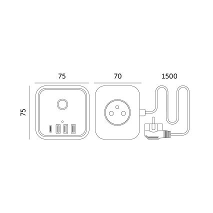 Förlängningskabel kub med strömbrytare LINEA 3x230V + 4xUSB A/C vit