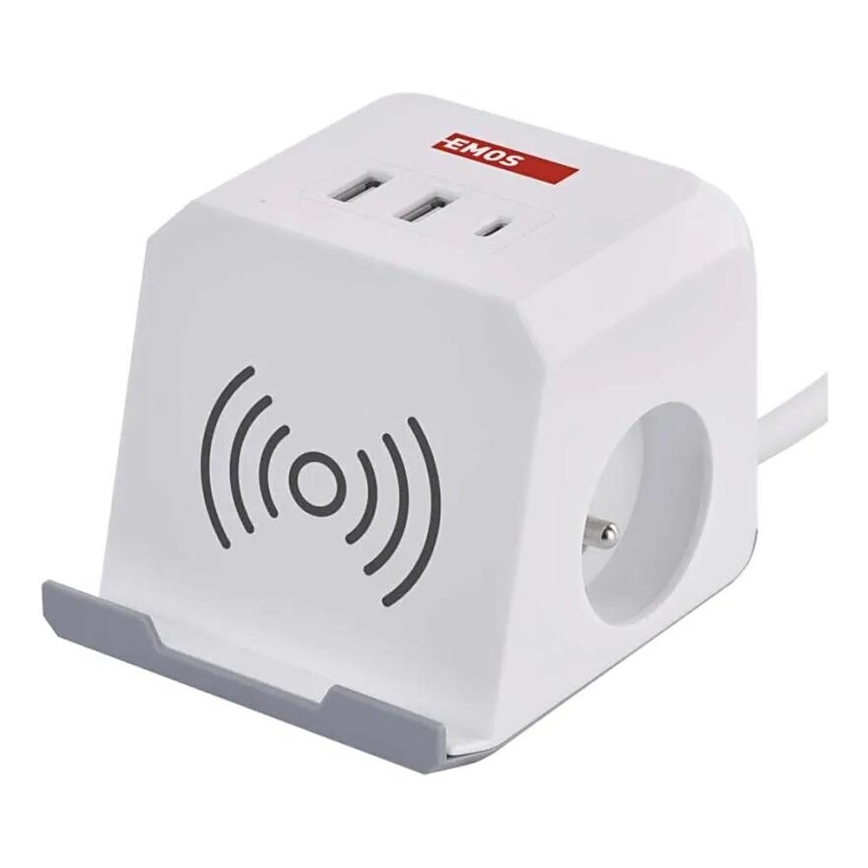 Förlängningskabel kub med trådlös laddning QI 2Z +2xUSB-A+1xUSB-C 2m vit