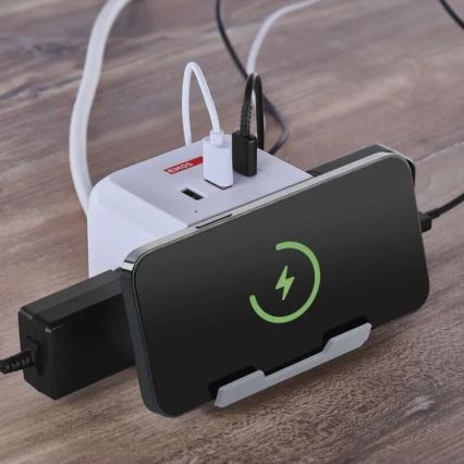 Förlängningskabel kub med trådlös laddning QI 2Z +2xUSB-A+1xUSB-C 2m vit