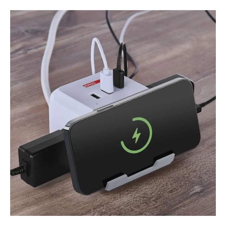 Förlängningskabel kub med trådlös laddning QI 2Z +2xUSB-A+1xUSB-C 2m vit