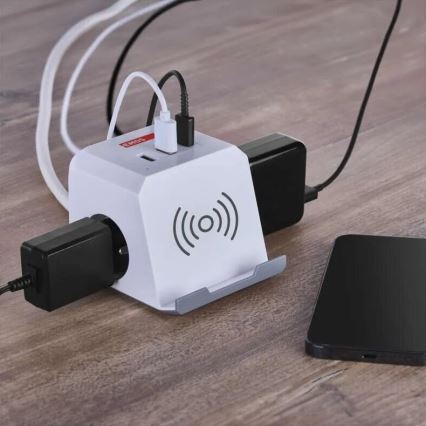Förlängningskabel kub med trådlös laddning QI 2Z +2xUSB-A+1xUSB-C 2m vit