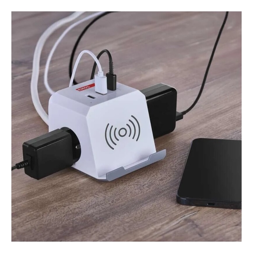 Förlängningskabel kub med trådlös laddning QI 2Z +2xUSB-A+1xUSB-C 2m vit
