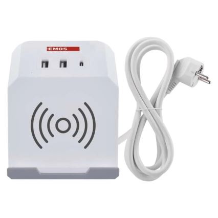 Förlängningskabel kub med trådlös laddning QI 2Z +2xUSB-A+1xUSB-C 2m vit