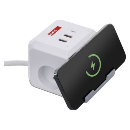 Förlängningskabel kub med trådlös laddning QI 2Z +2xUSB-A+1xUSB-C 2m vit
