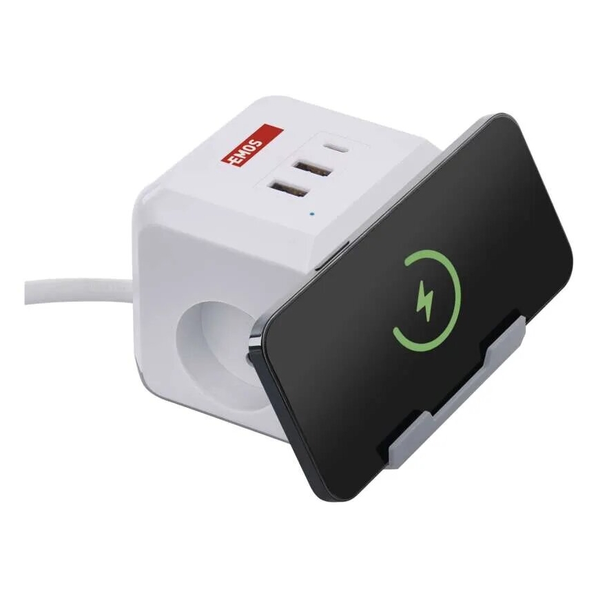 Förlängningskabel kub med trådlös laddning QI 2Z +2xUSB-A+1xUSB-C 2m vit