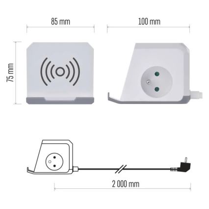 Förlängningskabel kub med trådlös laddning QI 2Z +2xUSB-A+1xUSB-C 2m vit