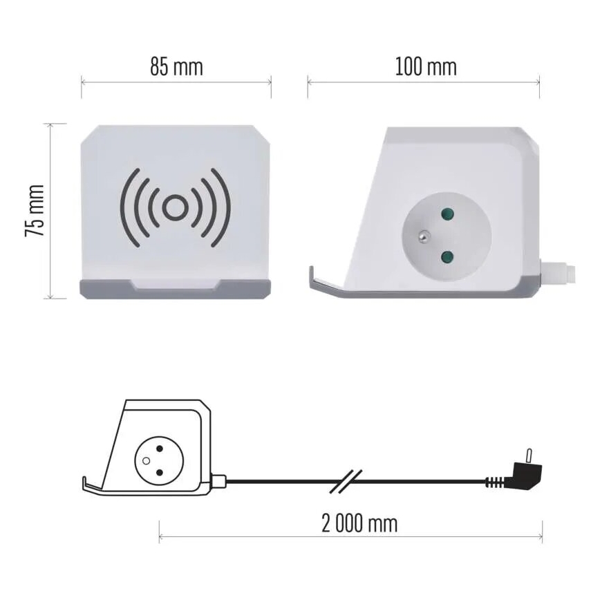 Förlängningskabel kub med trådlös laddning QI 2Z +2xUSB-A+1xUSB-C 2m vit