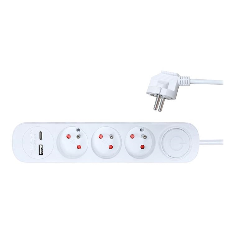 Förlängningskabel med brytare 3Z + 2xUSB 2m vit