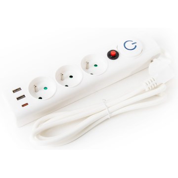 Förlängningskabel med brytare 3Z Typ E + 2xUSB-A + 1xUSB-C 1,5m
