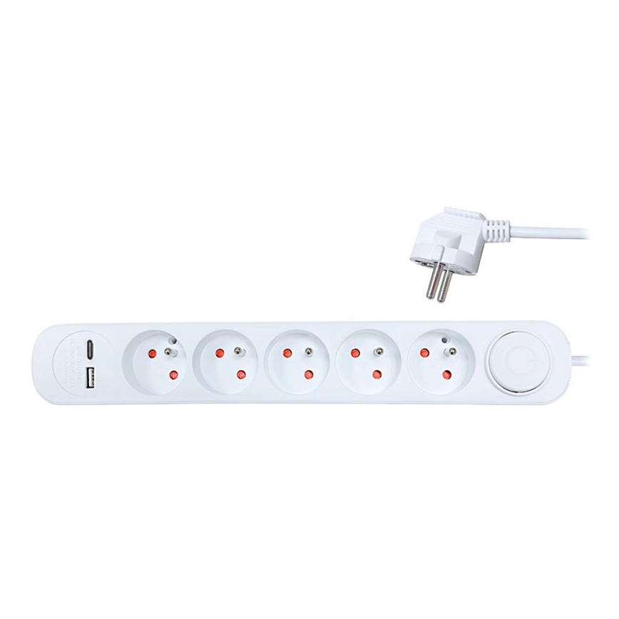 Förlängningskabel med brytare 5Z + 2xUSB 3m vit