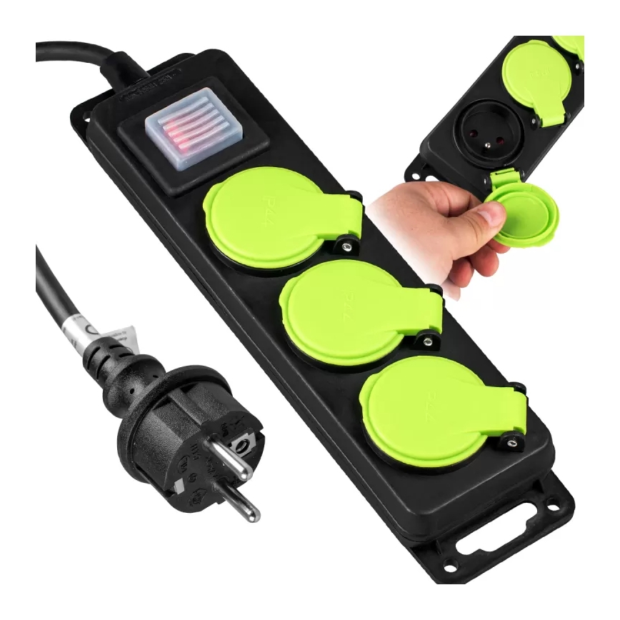 Förlängningskabel med strömbrytare, 3 uttag, 3 m, IP44