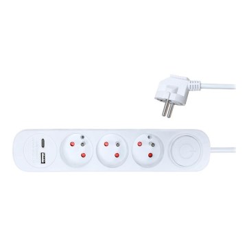 Förlängningskabel med strömbrytare 3-vägs + 2xUSB 2m vit