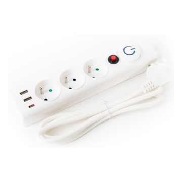 Förlängningskabel med strömbrytare 3-vägs Typ E + 2xUSB-A + 1xUSB-C 1,5 m