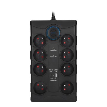 Förlängningskabel med strömbrytare, 8 uttag, Typ E + 1x USB-A + 1x USB-C, 2 m, svart
