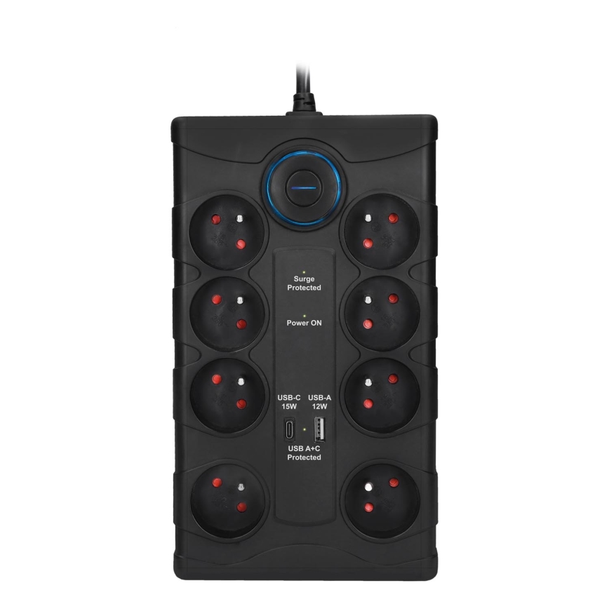 Förlängningskabel med strömbrytare, 8 uttag, Typ E + 1x USB-A + 1x USB-C, 2 m, svart