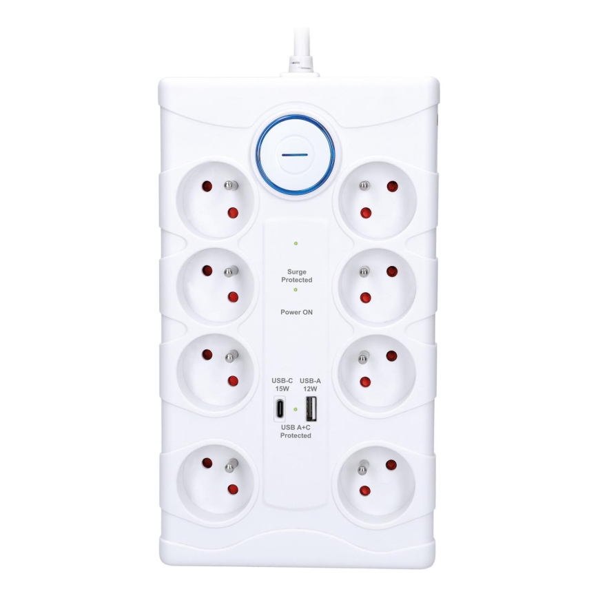 Förlängningskabel med strömbrytare och överspänningsskydd, 8 uttag Typ E + 1xUSB-A + 1xUSB-C, 2 m, vit