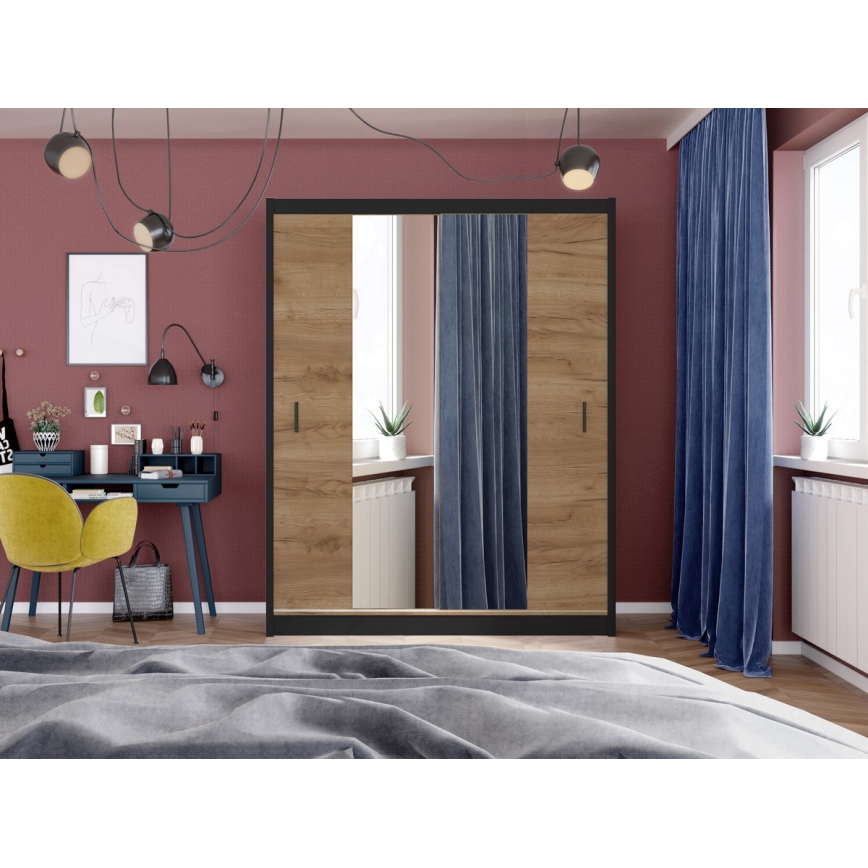 Garderob med spegel MIRO 203x215 cm ek craft/svart