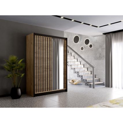 Garderob med spegel SANTINO 150x215 cm ek craft/svart