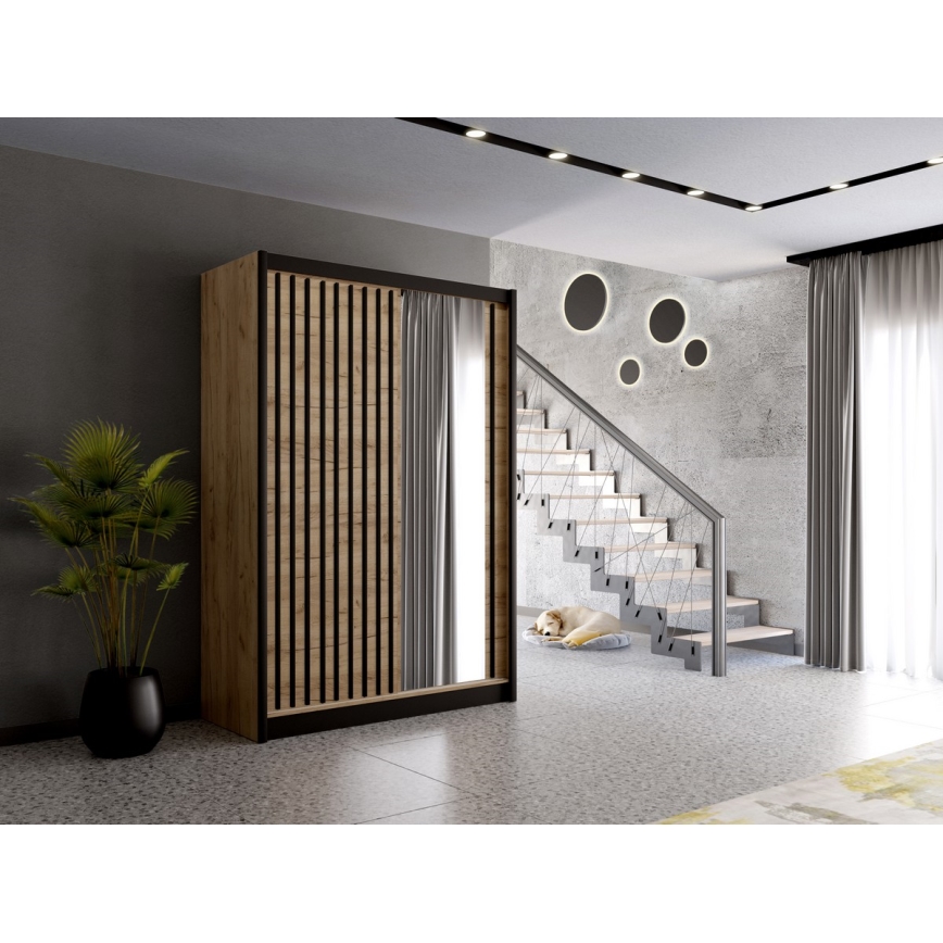 Garderob med spegel SANTINO 150x215 cm ek craft/svart