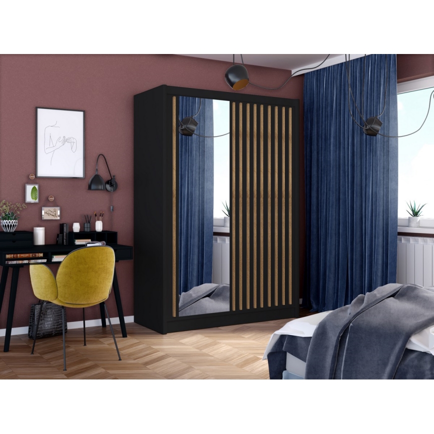 Garderob med spegel SANTINO 150x215 cm svart/ek craft