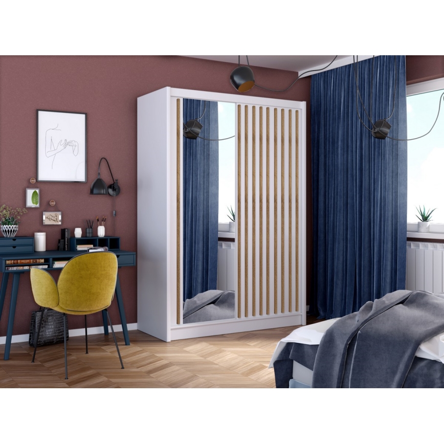 Garderob med spegel SANTINO 150x215 cm vit/ek craft