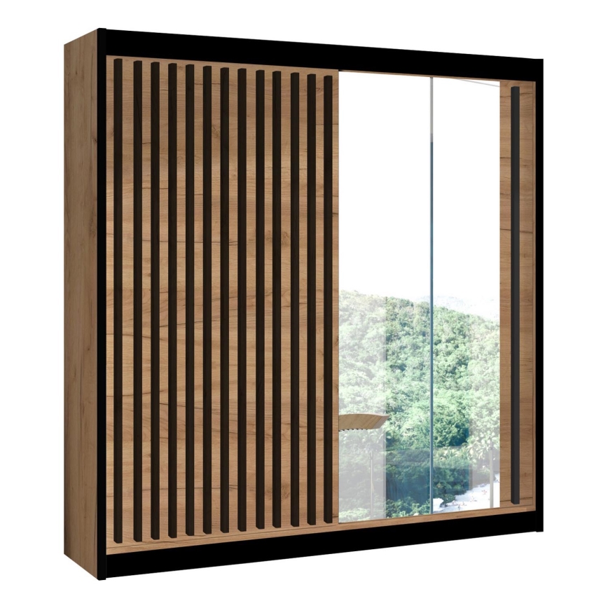 Garderob med spegel SANTINO 203x215 cm ek craft/svart
