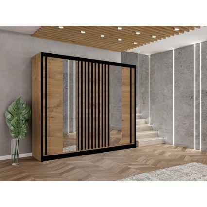 Garderob med spegel SANTINO 250x215 cm ek craft/svart