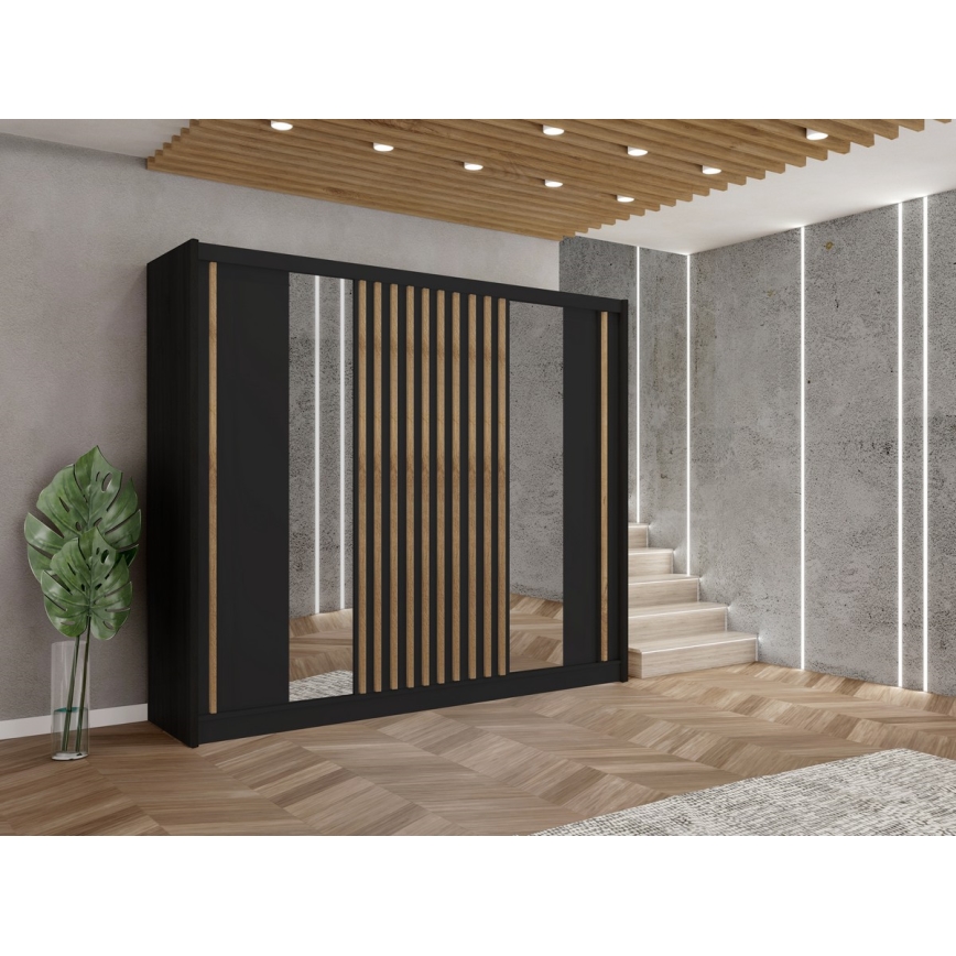 Garderob med spegel SANTINO 250x215 cm svart/ek craft