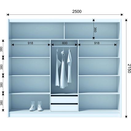 Garderob SANTINO med spegel 250x215 cm vit/ek craft