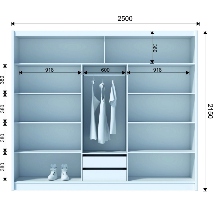 Garderob SANTINO med spegel 250x215 cm vit/ek craft