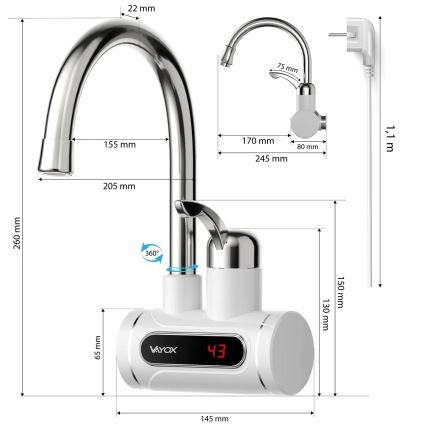 Genomströmningsvärmare med LED display 3000W/230V IPX4 vit
