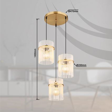 Globo - Ljuskrona med textilsladd 3xE27/60W/230V diameter 47 cm guld