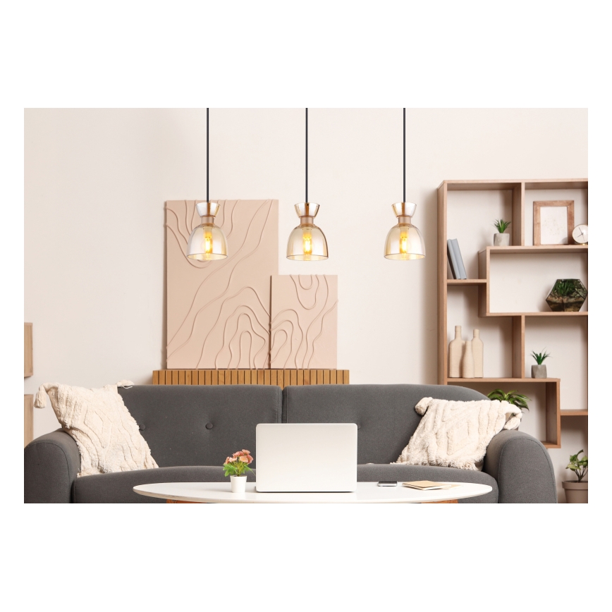Globo - Ljuskrona med textilsladd 3xE14/40W/230V brun/rökig