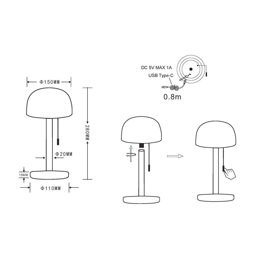 Globo - LED Uppladdningsbar bordslampa LED/1,5W/3,7V 3000/4200/6000K 1800mAh mässing