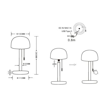 Globo - LED Uppladdningsbar bordslampa LED/1,5W/3,7V 3000/4200/6000K 1800mAh svart