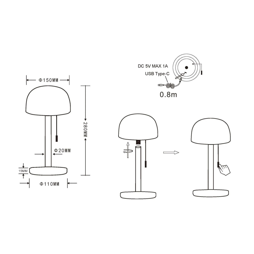 Globo - LED Uppladdningsbar bordslampa LED/1,5W/3,7V 3000/4200/6000K 1800mAh svart
