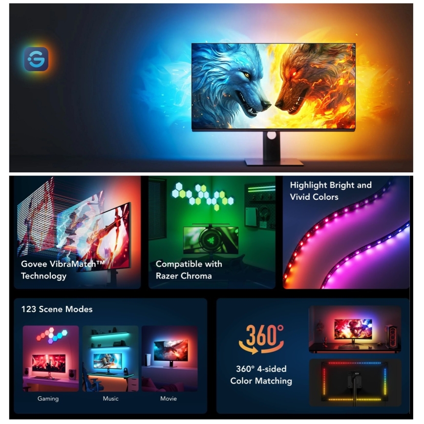 Govee - Dreamview G1 Smart LED RGBIC monitor belysning 27-34" Wi-Fi