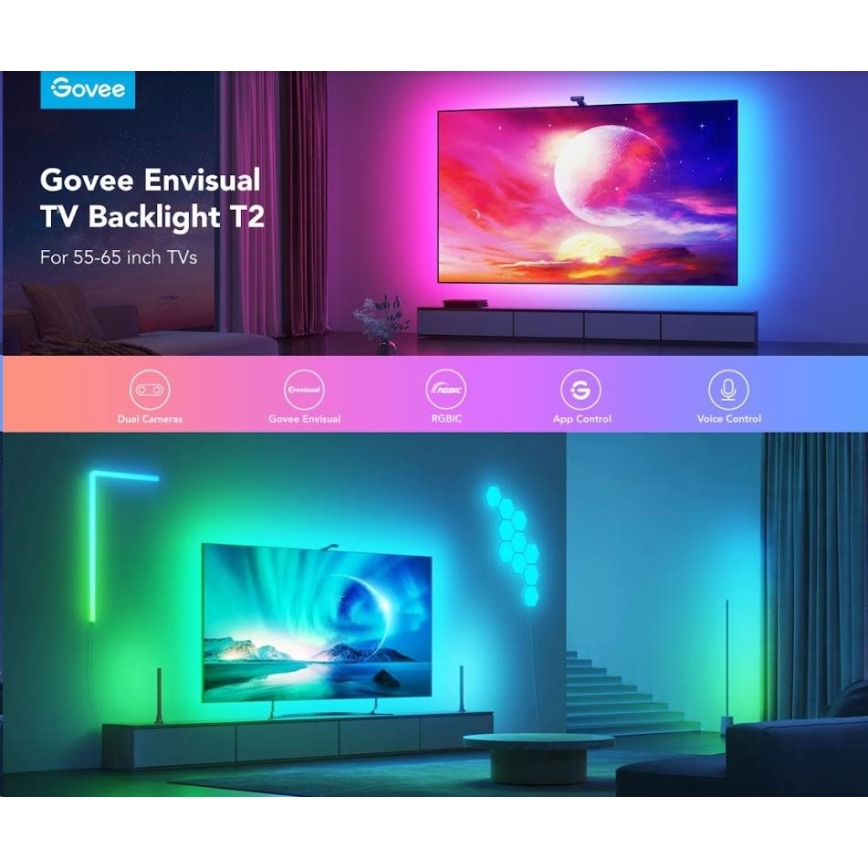 Govee - DreamView T2 DUAL TV 55-65" SMART LED bakgrundsbelyst RGBIC Wi-Fi + fjärrkontroll