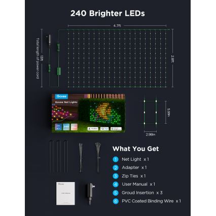 Govee - LED RGBIC ljusnät för utomhusbruk 143x85cm Wi-Fi Matter IP65