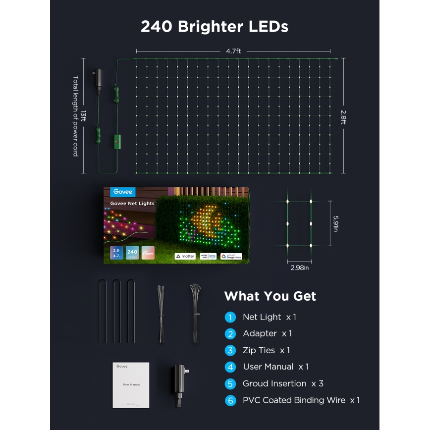 Govee - LED RGBIC ljusnät för utomhusbruk 143x85cm Wi-Fi Matter IP65