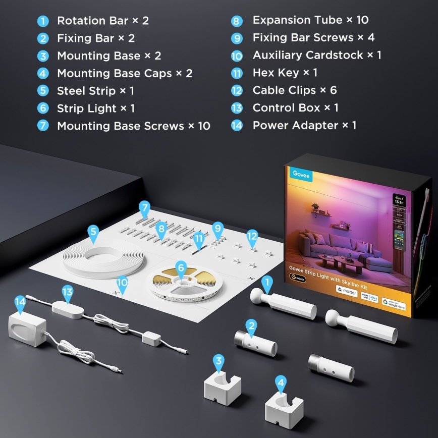 Govee - LED RGBICWW Hängande LED-remsa, 36 W/24 V, 4 m, Skyline matt, Wi‑Fi