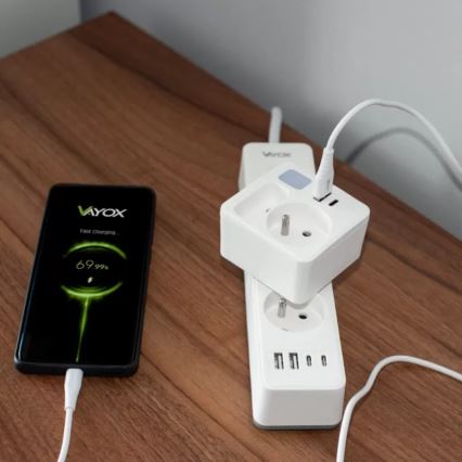 Grenuttag med 2 uttag + USB-C + USB-A med LED-belysning LED/0,5W/230V 3000K