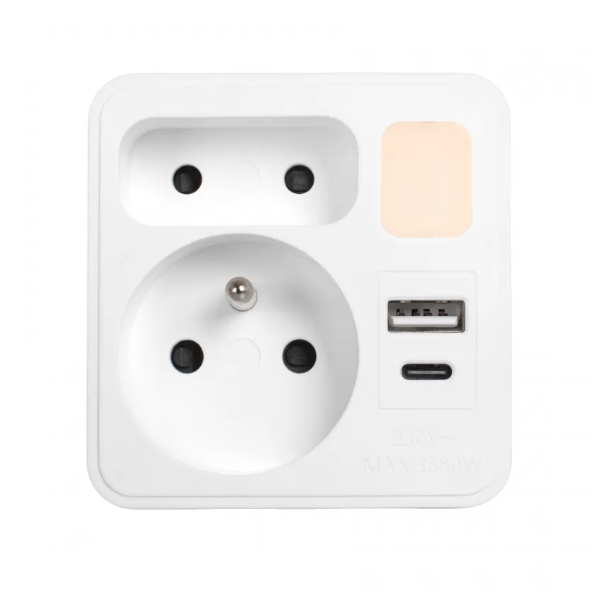 Grenuttag med 2 uttag + USB-C + USB-A med LED-belysning LED/0,5W/230V 3000K