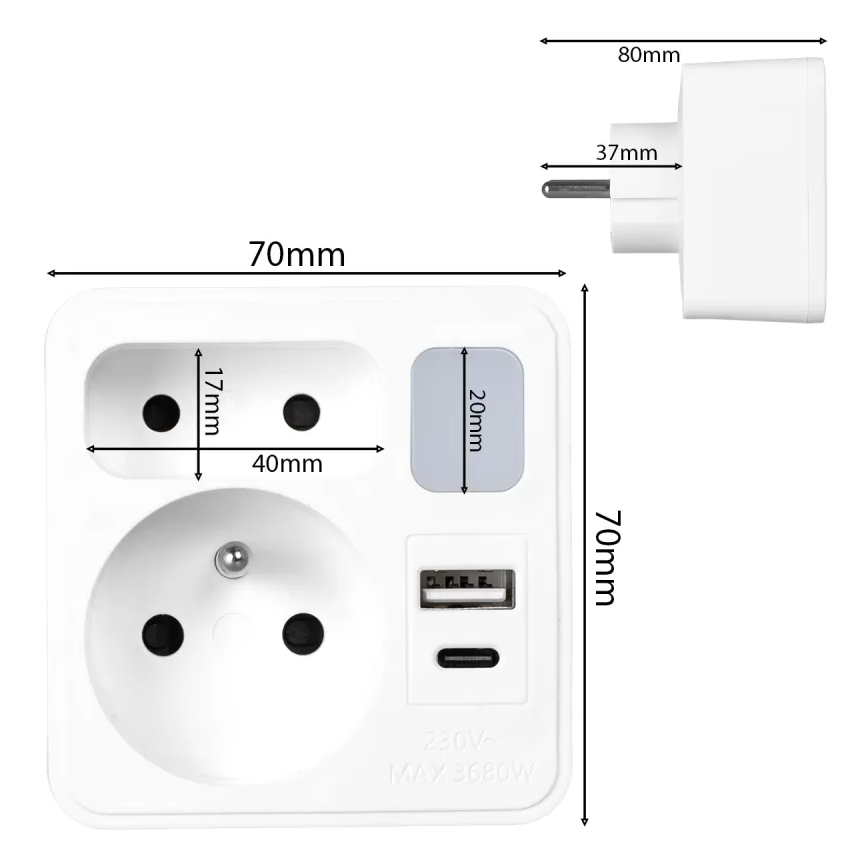 Grenuttag med 2 uttag + USB-C + USB-A med LED-belysning LED/0,5W/230V 3000K