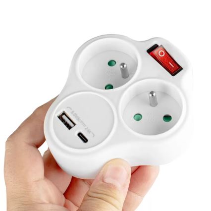 Grenuttag med strömbrytare 2 uttag + USB-C + USB-A