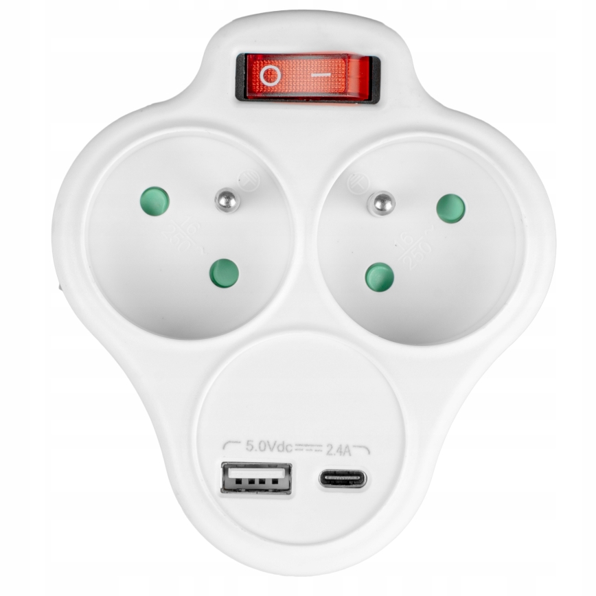 Grenuttag med strömbrytare 2 uttag + USB-C + USB-A