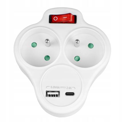 Grenuttag med strömbrytare 2 uttag + USB-C + USB-A