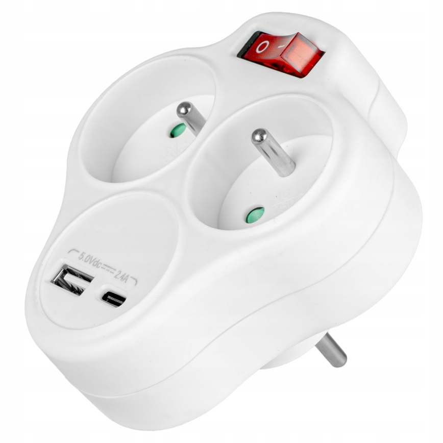 Grenuttag med strömbrytare 2 uttag + USB-C + USB-A